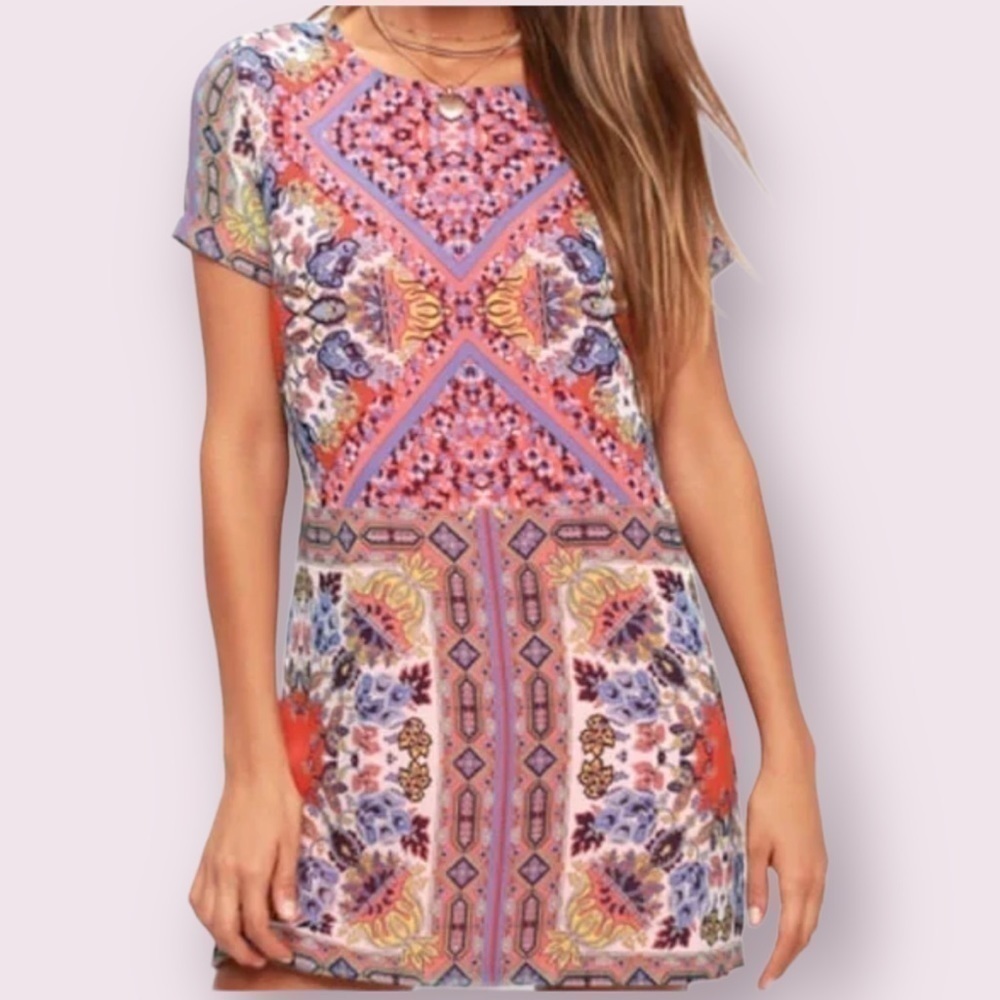 Lulu’s womens tribal medallion coral shift short sleeve mini dress size XS